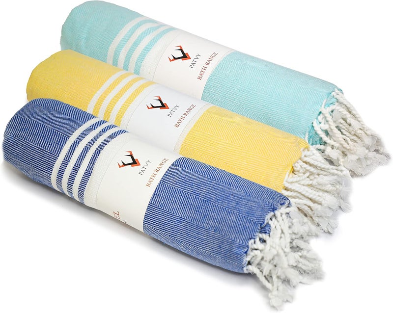 PATVY Light Weight Turkish Style Bath Towels Large Size Cotton|75 X 150Cm Quick Absorption & Faster Drying Bath Towel For Women| 100% Cotton, Royal Blue, Yellow & Water Green(Pack Of 3, 90 Gsm) - Image 1