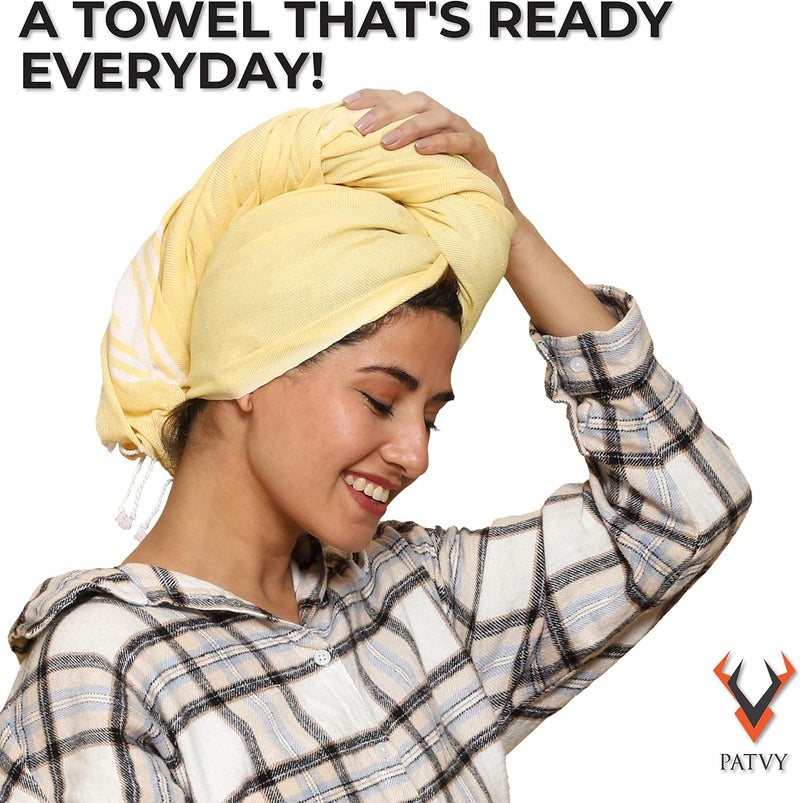 PATVY Light Weight Turkish Style Bath Towels Large Size Cotton|75 X 150Cm Quick Absorption & Faster Drying Bath Towel For Women| 100% Cotton, Royal Blue, Yellow & Water Green(Pack Of 3, 90 Gsm) - Image 5