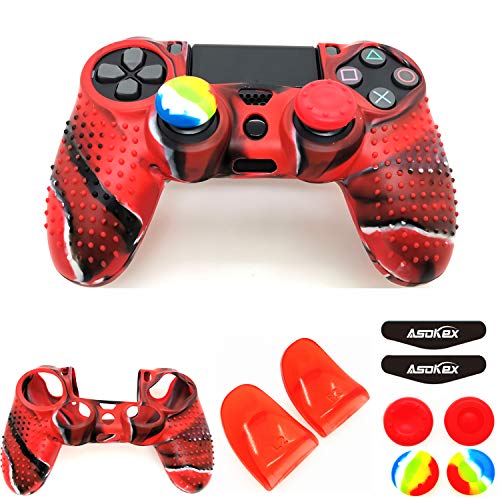 Asokex Silicone Skin Cover for Ps4 Controller (1pc Anti-Slip Case, 1 Pair L2 R2 Trigger Extender, 4pcs Thumb Grips,4pcs LED Light Bar Decal) Protector for DualShock PS4/ Slim/Pro Controller (red granular) - Image 1