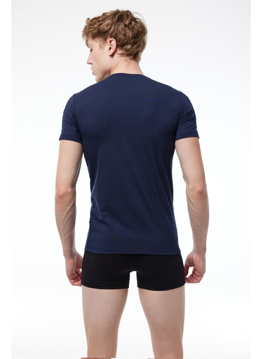 Malabadi - Men's Navy Blue Round Neck Short Sleeve Modal Bodysuit 030 - Image 1