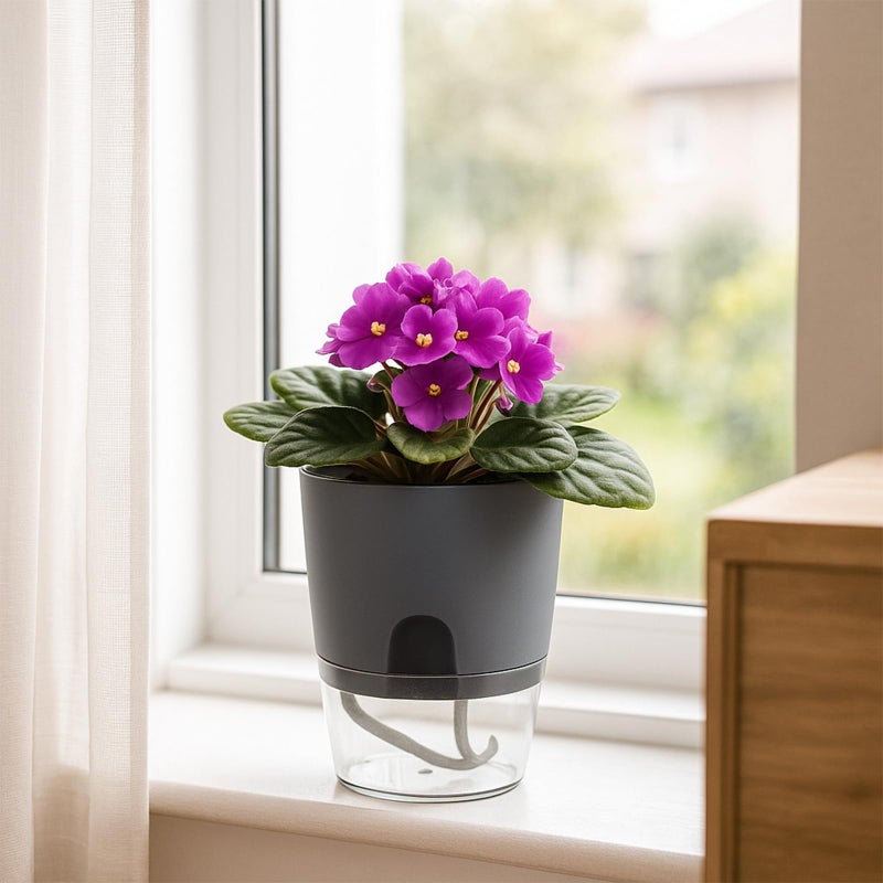 Planterhoma 12 Pack Self Watering Pots for Indoor Plants, PlanterHoma 3.2 Inch Plant Pot Plastic Self Watering Planter for Orchid, African Violet, Mini Clear Flower Pots with Drainage Holes and Wicking Rope, Grey - Image 4