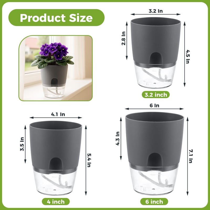 Planterhoma 12 Pack Self Watering Pots for Indoor Plants, PlanterHoma 3.2 Inch Plant Pot Plastic Self Watering Planter for Orchid, African Violet, Mini Clear Flower Pots with Drainage Holes and Wicking Rope, Grey - Image 3