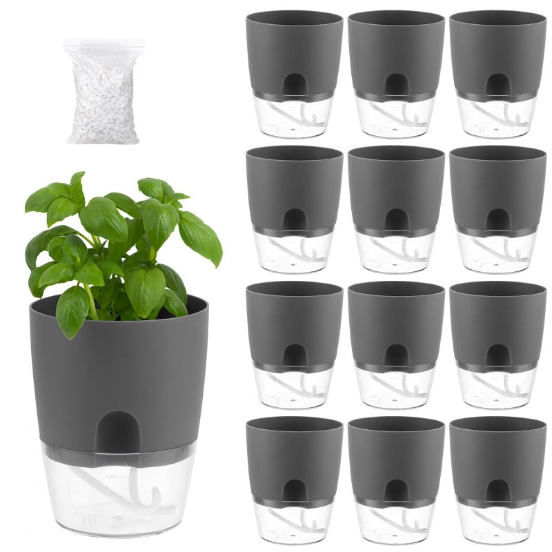 Planterhoma 12 Pack Self Watering Pots for Indoor Plants, PlanterHoma 3.2 Inch Plant Pot Plastic Self Watering Planter for Orchid, African Violet, Mini Clear Flower Pots with Drainage Holes and Wicking Rope, Grey - Image 1