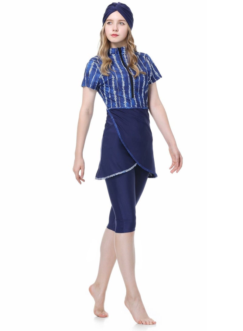 Loquat 3-Piece Women Conservative Swimsuit Set Muslim Sun Protection Swimwear Swimming Trousers Cap Ladies Beachwear Skirt Bikini Dress Arab Clothing Blue - Image 2