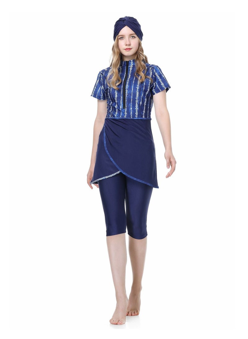 Loquat 3-Piece Women Conservative Swimsuit Set Muslim Sun Protection Swimwear Swimming Trousers Cap Ladies Beachwear Skirt Bikini Dress Arab Clothing Blue - Image 1