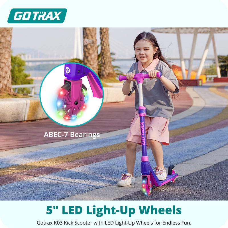 Gotrax K03 Kick Scooter for Kids, 5" LED Lighted Wheels and Adjustable Handlebars, Lightweight Design and Anti-Slip Deck, Max Load 110 Lbs, Kids Scooter for Boys & Girls Ages 3+, Purple - Image 2