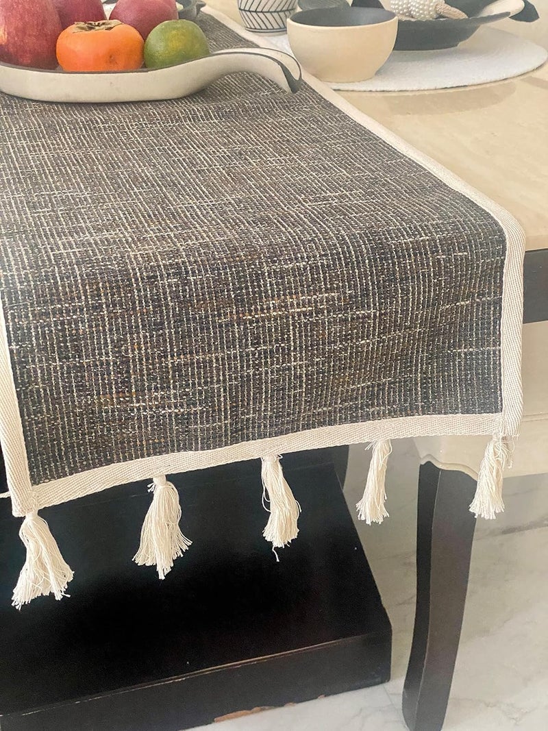 Teertha Teertha Hand Woven Handloom Cotton Table Runner with Tassels for 6 Seater Center Table Runner Size 13X72 Inches Brown