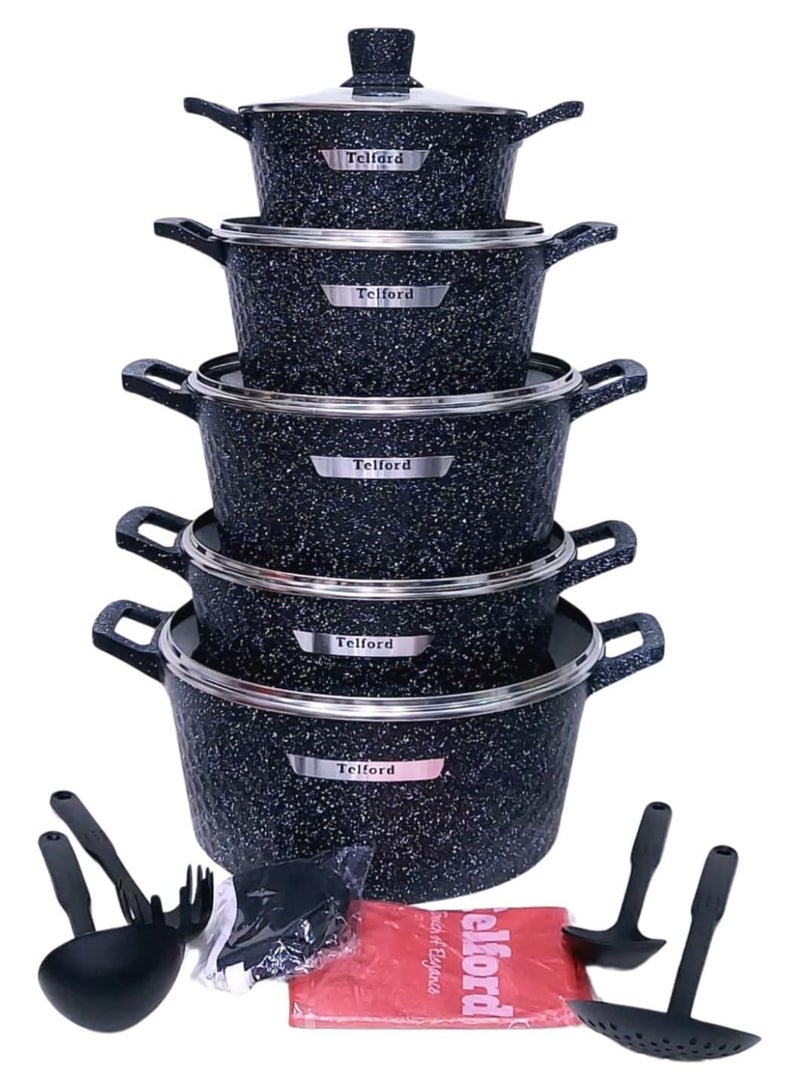TELFORD طقم أواني الطهي غير اللاصقة 17 قطعة من تيلفورد، صديق للبيئة، مقاوم للخدوش مع كاسورولين، وعاء ضحل، ملعقة سيليكون ومقلاة