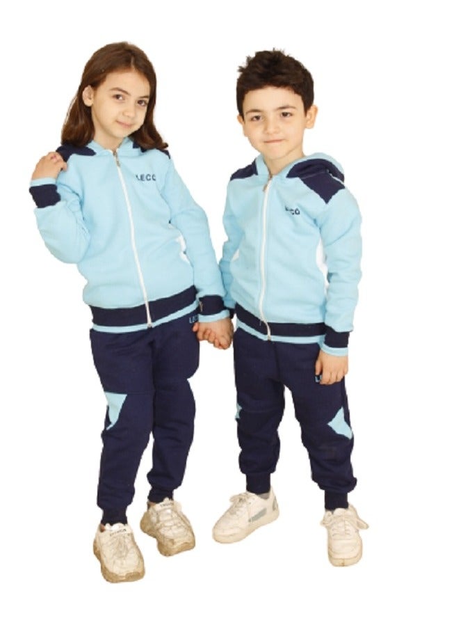 ليكو ترنج أولادي و بناتي شتوي أطفال – قطن – كاجوال - للخروج والنوادي وللمنزل- بيجامة -  لون لبني  في كحلي – الجاكيت بسوستة – به غطاء للرأس - جيوب بالبنطلون - Image 3