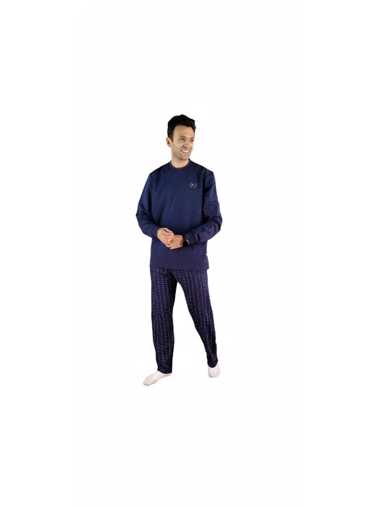 Jet Men Winter Pajama Set Long Sleeve & Printed Bottom-Navy Blue - Image 1