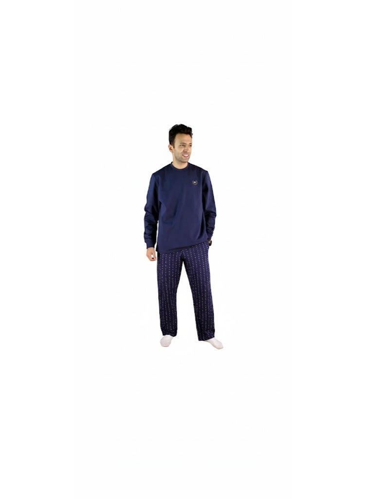 Jet Men Winter Pajama Set Long Sleeve & Printed Bottom-Navy Blue - Image 2