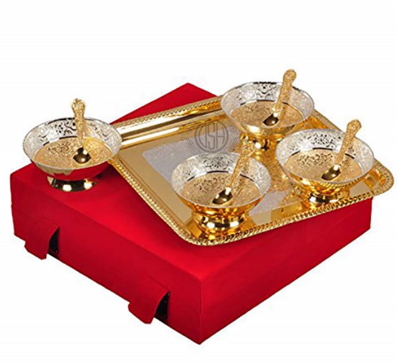 DSH Silver and Gold Plated Bowl Set for Wedding Anniversary Gift Item with Velvet Box (4 Bowl: 4 Spoon: 1 Tray) Set of 9 - Image 1