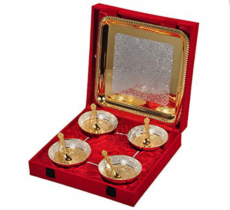 DSH Silver and Gold Plated Bowl Set for Wedding Anniversary Gift Item with Velvet Box (4 Bowl: 4 Spoon: 1 Tray) Set of 9 - Image 2