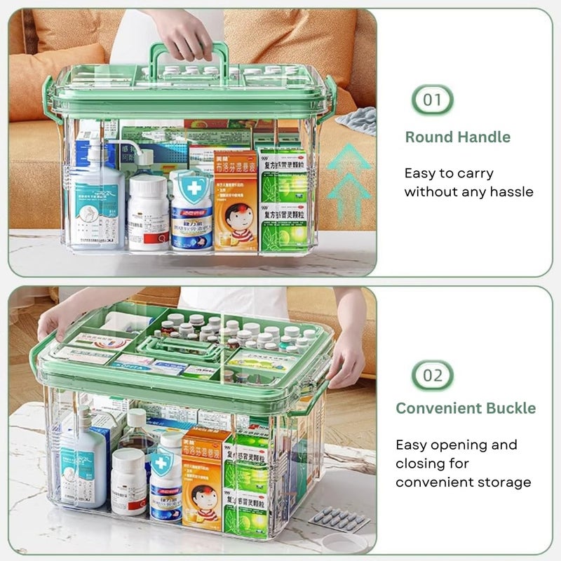 HOOPVOOL Clear Plastic Medicine Storage Box Organizer, Family Emergency Kit with Removable Pill Case Portable Lockable Container for, Art Craft and Cosmetic Household Organizer (Green, Small) - Image 3
