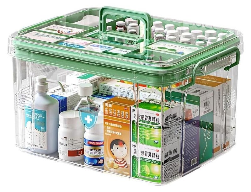 HOOPVOOL Clear Plastic Medicine Storage Box Organizer, Family Emergency Kit with Removable Pill Case Portable Lockable Container for, Art Craft and Cosmetic Household Organizer (Green, Small) - Image 1