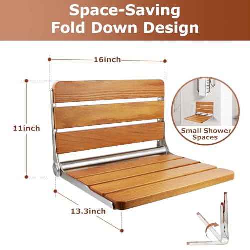 Flngr 16 Inch Foldable Shower Seat Wall Mounted, Folding Shower Bench for Small Shower Spaces, 400lbs Max Load for Inside Shower, Foldable Chair for Seniors Adults,304 Stainless Steel - Image 4