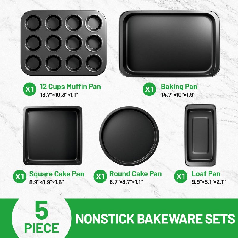 Zapstarz 5 Pieces Baking Pans Set, Nonstick Baking Sheet Tray Oven Pans Bakeware Set, Baking Supplies with Round/Square Cake Pan, Muffin Pan, Loaf Pan, Roast Pan, Stackable Baking Sets for Cooking - Image 2