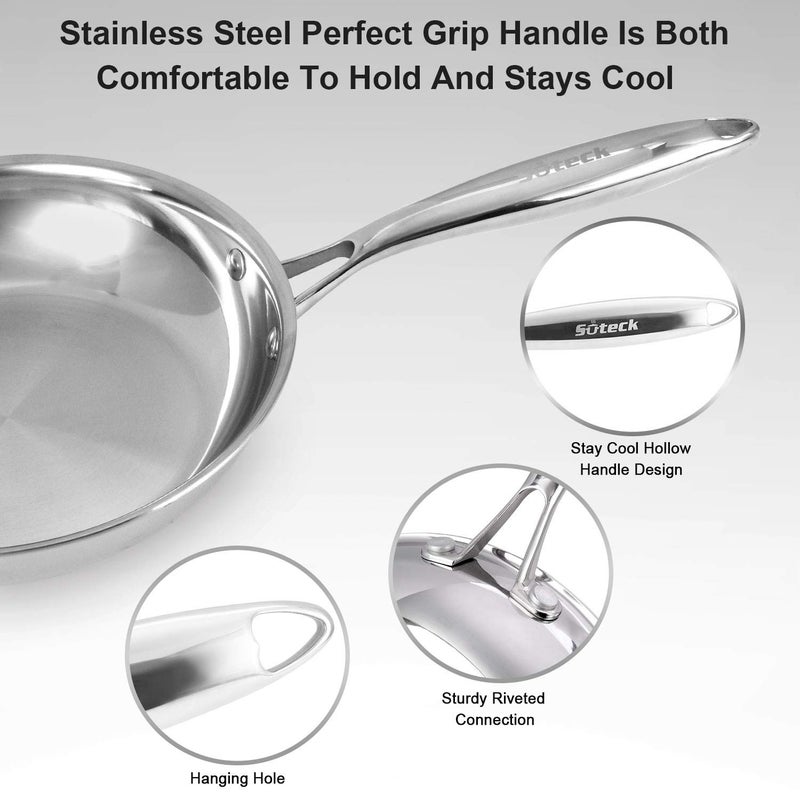 Suteck Stainless Steel Frying Pan Set 2 Piece, 8,10 Inch Tri-Ply Frying Pans Non Stick, Pots and Pans Set, Oven 500F & Dishwasher Safe, Classic Cooking Pan Cookware - Image 3