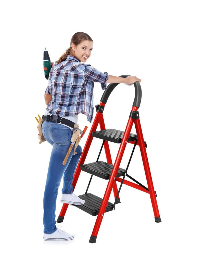سلم POFLUANY بثلاث درجات قابل للطي – مزود بدرجات عريضة مانعة للانزلاق ومقابض – للاستخدام المنزلي أو الخارجي أو في عربات التخييم – يتحمل حتى 150 كجم – أحمر - Image 1