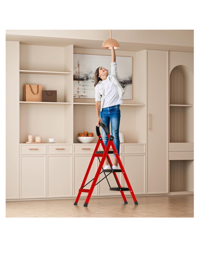 سلم POFLUANY بثلاث درجات قابل للطي – مزود بدرجات عريضة مانعة للانزلاق ومقابض – للاستخدام المنزلي أو الخارجي أو في عربات التخييم – يتحمل حتى 150 كجم – أحمر - Image 2