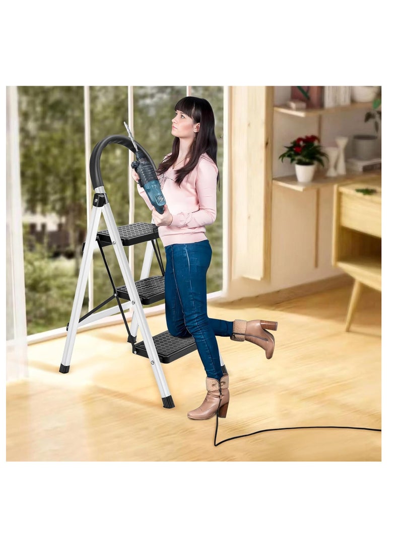 سلم POFLUANY بثلاث درجات قابل للطي – مزود بدرجات عريضة مانعة للانزلاق ومقابض – للاستخدام المنزلي أو الخارجي أو في عربات التخييم – يتحمل حتى 150 كجم – أحمر - Image 3