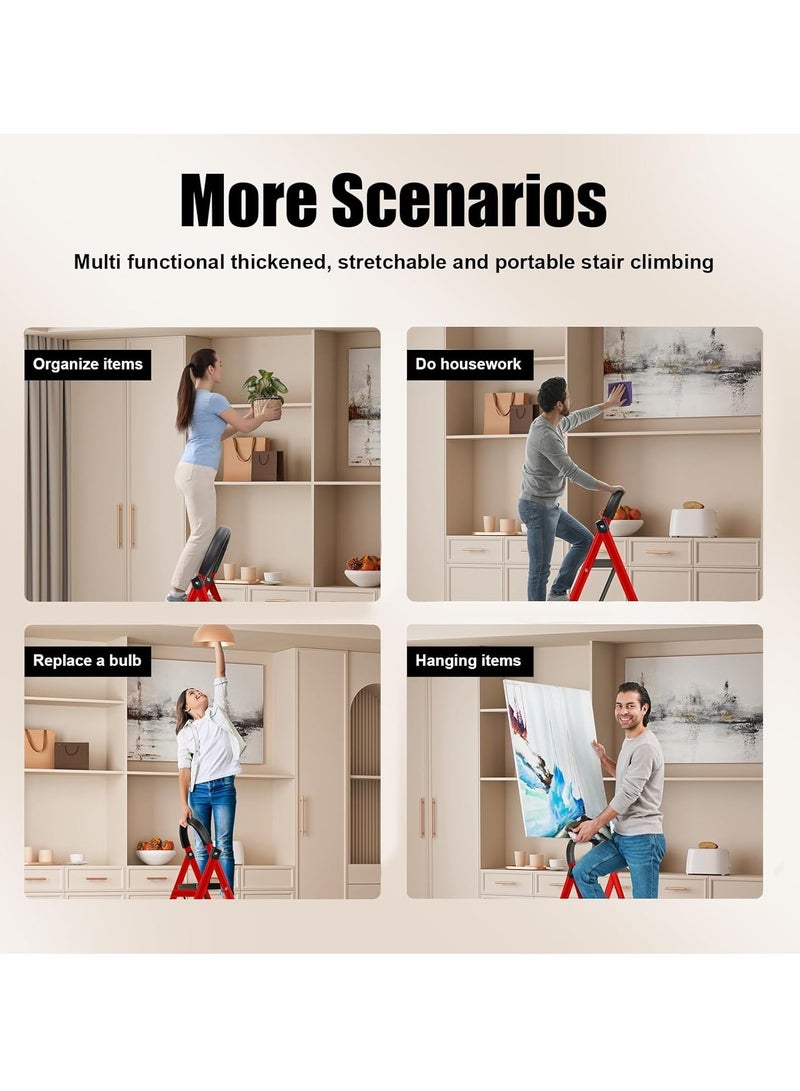 سلم POFLUANY بثلاث درجات قابل للطي – مزود بدرجات عريضة مانعة للانزلاق ومقابض – للاستخدام المنزلي أو الخارجي أو في عربات التخييم – يتحمل حتى 150 كجم – أحمر - Image 5