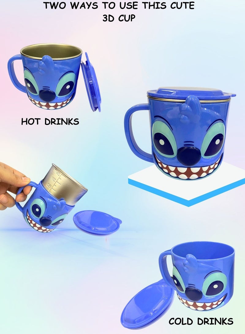 ديزني "كوب شرب أطفال ثلاثي الأبعاد من الستانلس ستيل – تصميم ستيش، 300 مل كوب حليب للأطفال" - Image 3