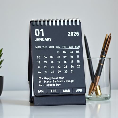 INNAXA 2026 Desk Calendar Mini Monthly Calendar 13 Months Standing Flip Calendar for Home Office Black (Black) - Image 2