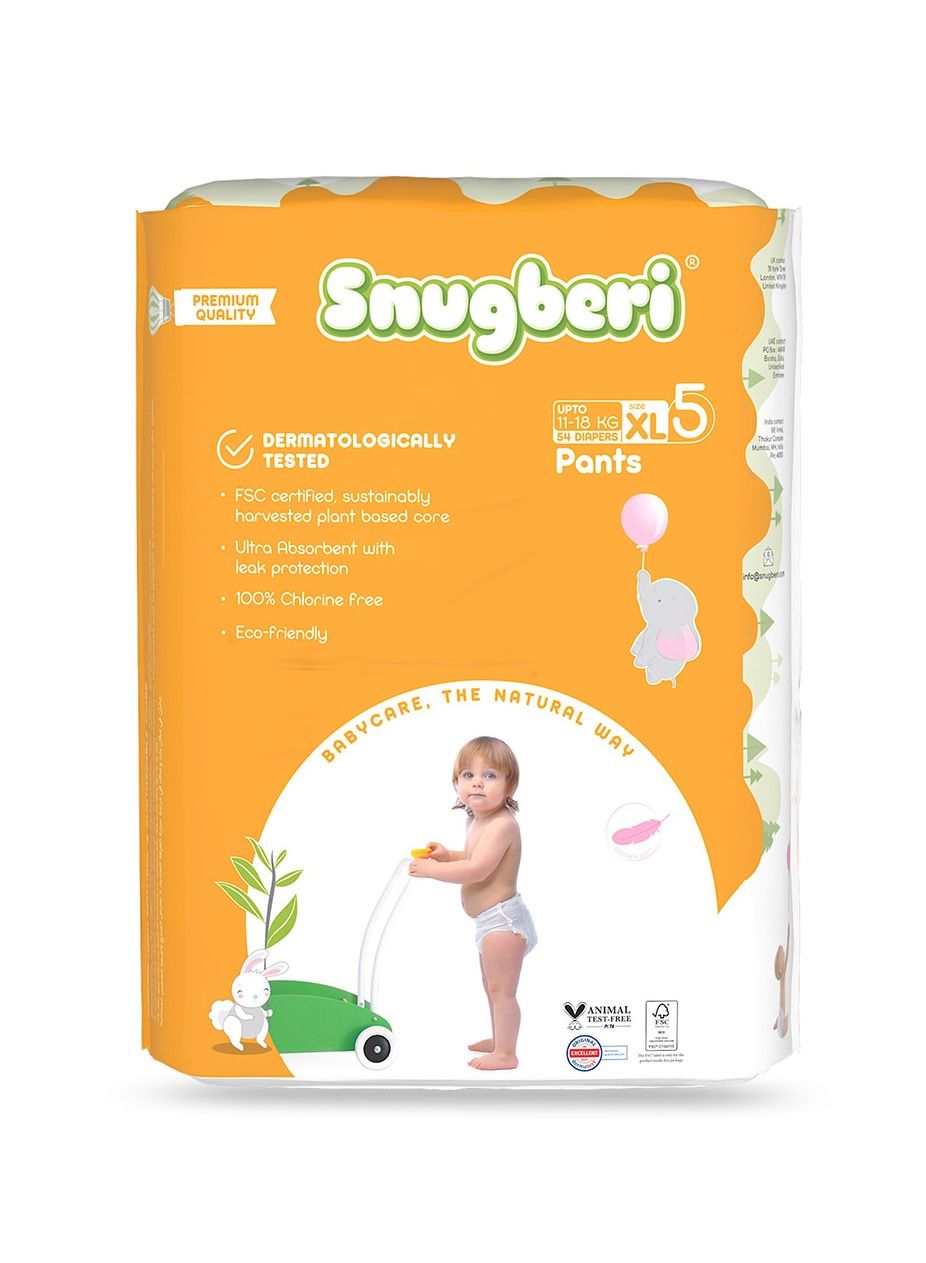 Snugberi Premium Eco-Friendly Chlorine Free Feather Soft Printed Diapers Made Of Natural Wood Pulp With Wetness Indicator Diaper Pants Size 5 X Large 11-18Kg - Mega Pack 54'S