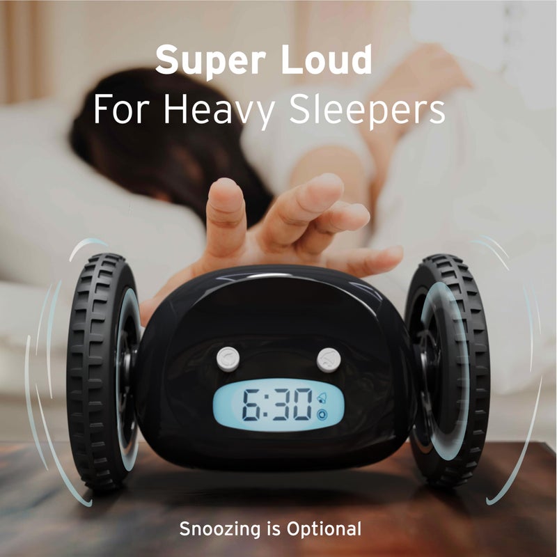 CLOCKY Extra Loud Alarm Clock for Heavy Sleepers on Wheels Rolls Runaway Vibrating Easy To Set Super Smart Snooze Digital Bed Shaker Alarm Clock Funny Gift for Adults Kids Teens Bedroom (Black Wheels) - Image 5