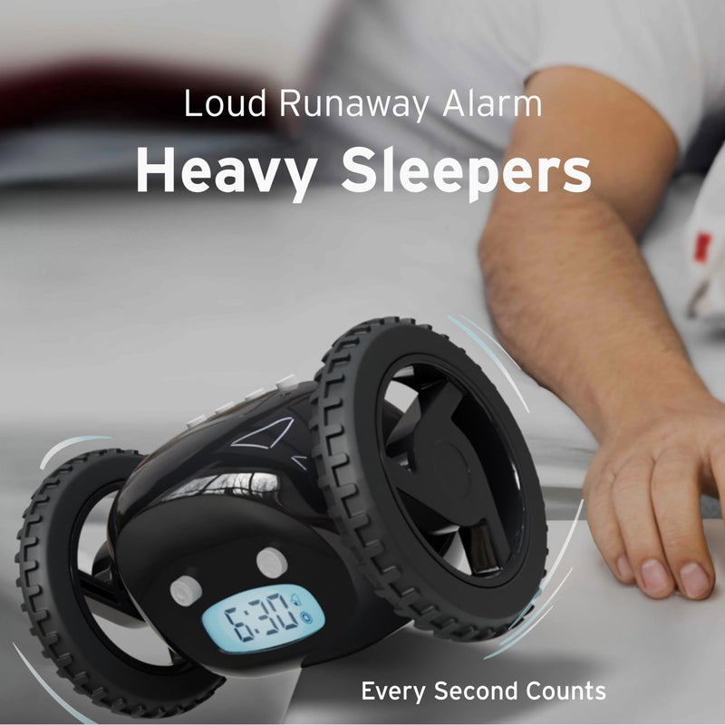 CLOCKY Extra Loud Alarm Clock for Heavy Sleepers on Wheels Rolls Runaway Vibrating Easy To Set Super Smart Snooze Digital Bed Shaker Alarm Clock Funny Gift for Adults Kids Teens Bedroom (Black Wheels) - Image 4