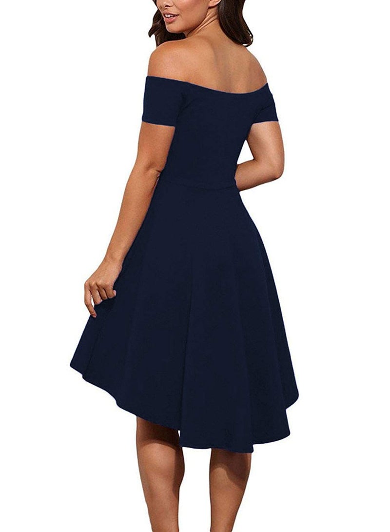 Sarin Mathews Women Off The Shoulder Short Sleeve High Low Cocktail Skater Dress Blue L - Image 2