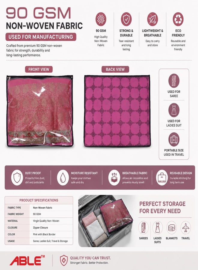 ABLE Non Woven Set Of 24 Pcs Single Saree Covers/Clothes Storage Bag/Wardrobe Organizer With Front Full Transparent For Lehenga, Suit, Dress,& Accessories (PINK), 0.5 cm, 36.8 cm - Image 3