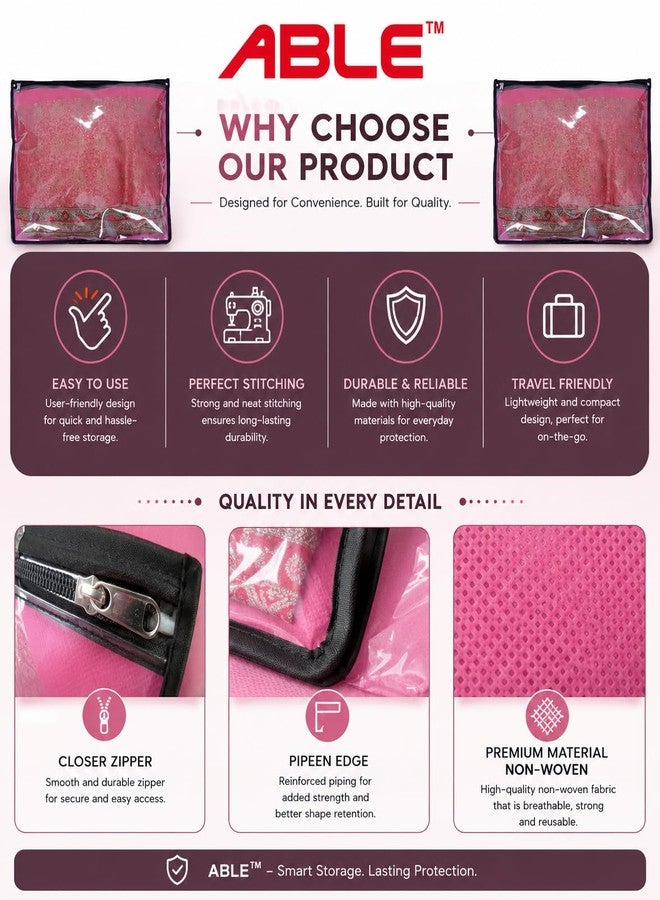 ABLE Non Woven Set Of 24 Pcs Single Saree Covers/Clothes Storage Bag/Wardrobe Organizer With Front Full Transparent For Lehenga, Suit, Dress,& Accessories (PINK), 0.5 cm, 36.8 cm - Image 5