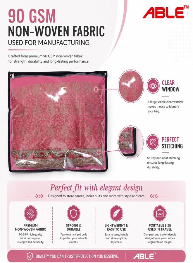 ABLE Non Woven Set Of 24 Pcs Single Saree Covers/Clothes Storage Bag/Wardrobe Organizer With Front Full Transparent For Lehenga, Suit, Dress,& Accessories (PINK), 0.5 cm, 36.8 cm - Image 4