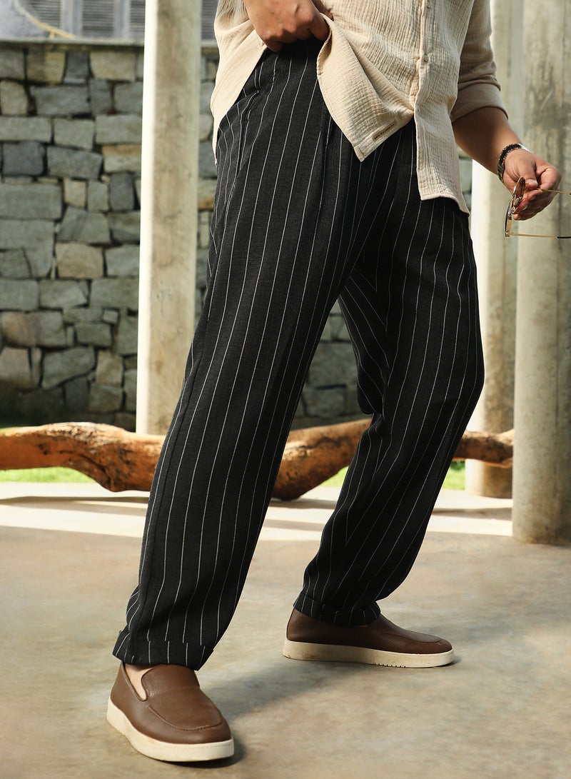 Instafab Plus Instafab Plus Men's Midnight Black Pinstripe-Pleated Chino Trousers For Casual Wear | Mid-Rise | Regular Fit | Hook & Zip Closure | Plus Size Trousers Crafted With Comfort Fit For Everyday Wear  - Image 3