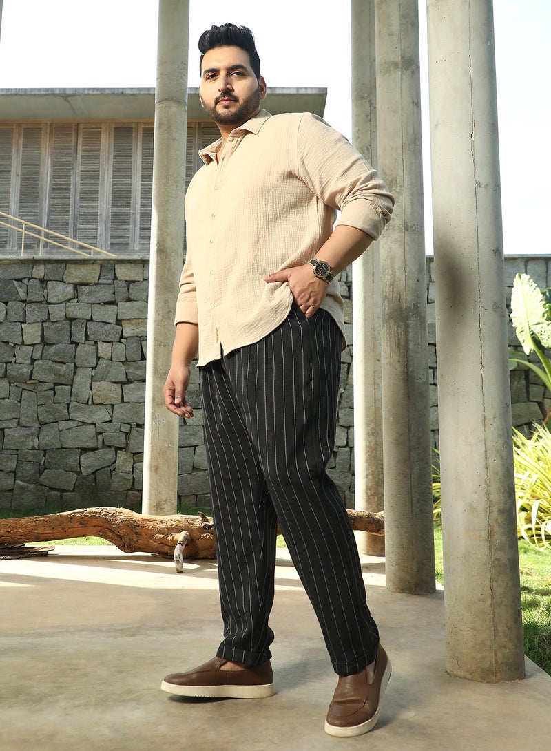 Instafab Plus Instafab Plus Men's Midnight Black Pinstripe-Pleated Chino Trousers For Casual Wear | Mid-Rise | Regular Fit | Hook & Zip Closure | Plus Size Trousers Crafted With Comfort Fit For Everyday Wear  - Image 5