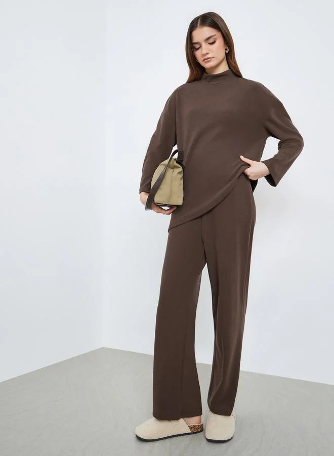 Styli Women Brown Asymmetric Knit Top and Pants Co-Ords