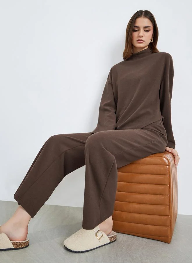 Styli Women Brown Asymmetric Knit Top and Pants Co-Ords