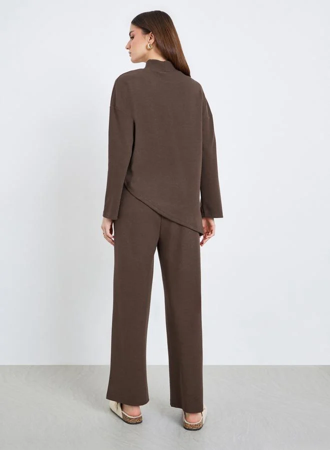 Styli Women Brown Asymmetric Knit Top and Pants Co-Ords