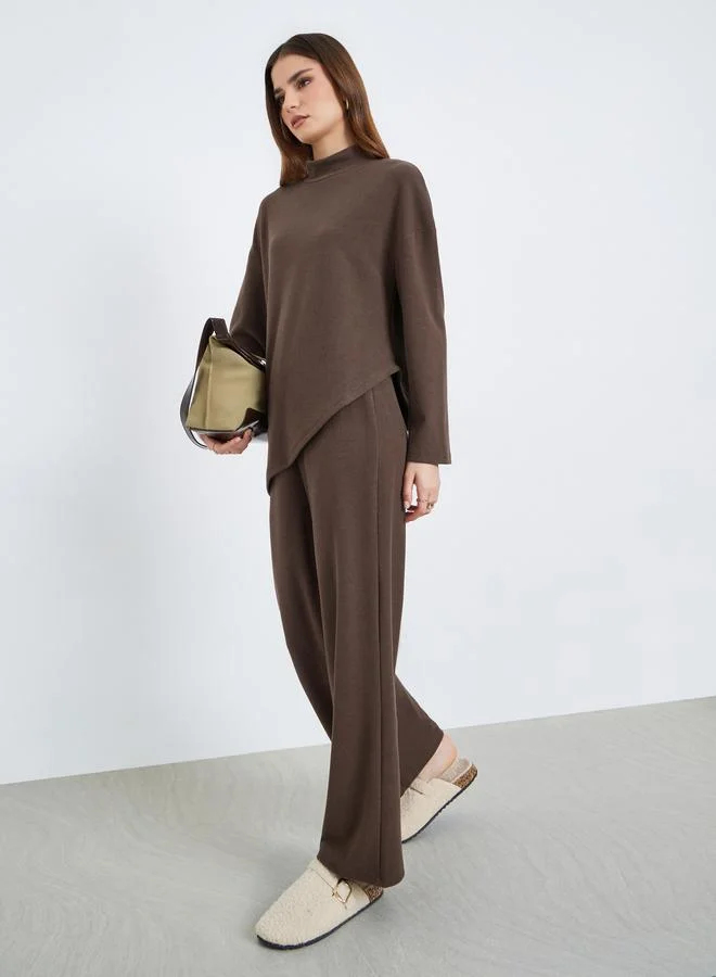 Styli Women Brown Asymmetric Knit Top and Pants Co-Ords