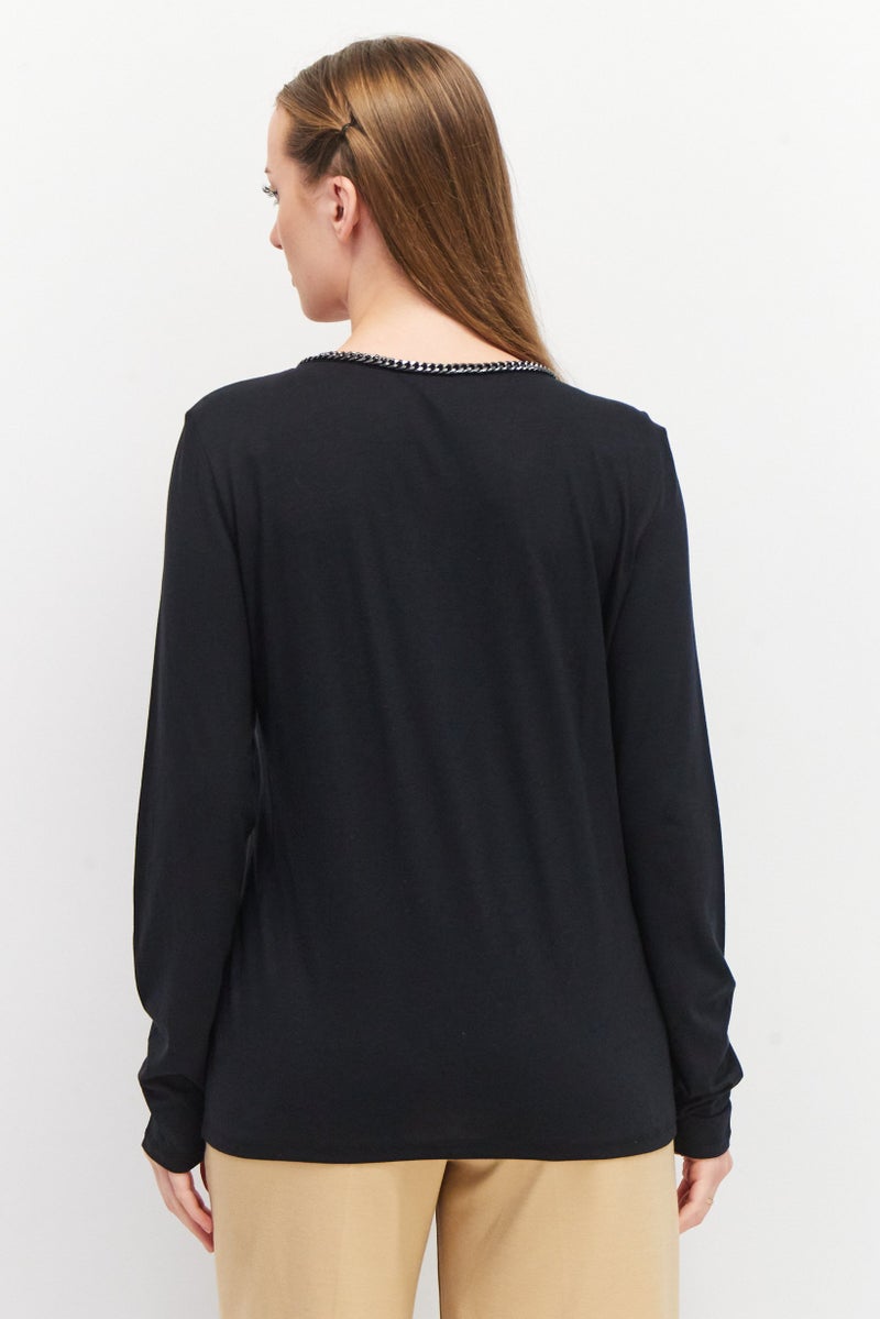 ESPRIT Women Round Neck Long Sleeve Plain Blouse, Black - Image 3