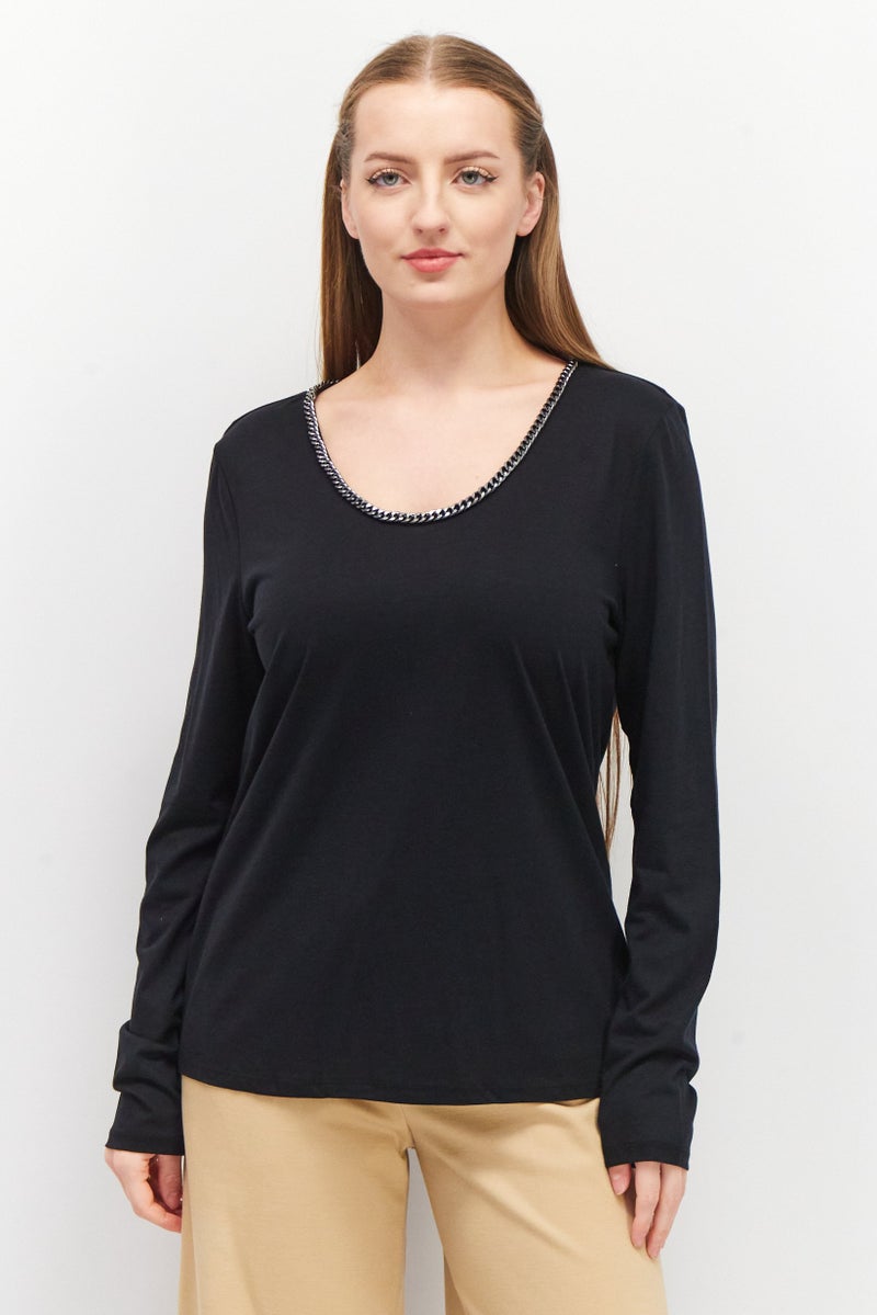 ESPRIT Women Round Neck Long Sleeve Plain Blouse, Black - Image 1