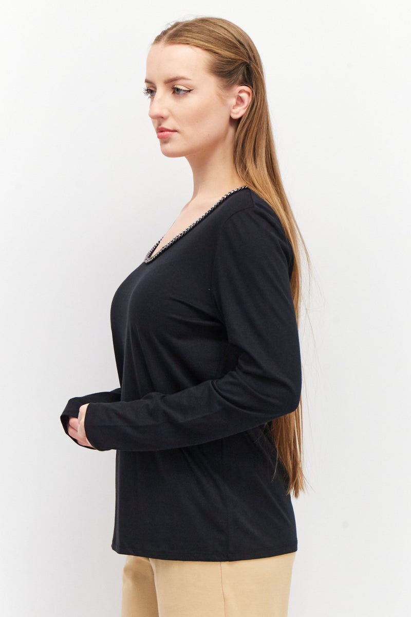 ESPRIT Women Round Neck Long Sleeve Plain Blouse, Black - Image 2