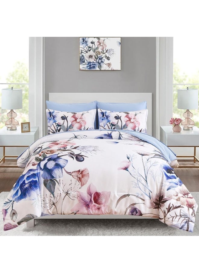 Generic Luxudecor Floral Comforter Set Queen Size 7 Piece, Blue Flower Bed in a Bag, Elegant Floral Comforter with Sheet Set, Soft Microfiber Bedding Set for All Season (Blue, 90"x90")  - Image 1