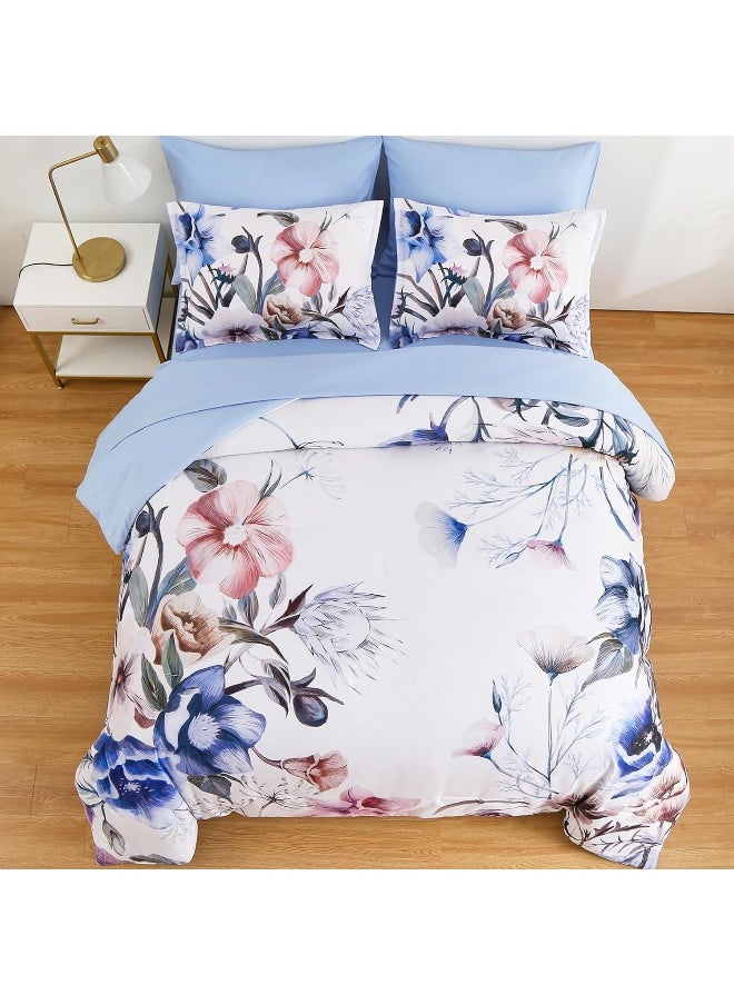 Generic Luxudecor Floral Comforter Set Queen Size 7 Piece, Blue Flower Bed in a Bag, Elegant Floral Comforter with Sheet Set, Soft Microfiber Bedding Set for All Season (Blue, 90"x90")  - Image 3