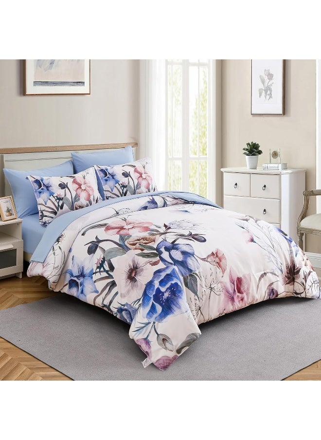 Generic Luxudecor Floral Comforter Set Queen Size 7 Piece, Blue Flower Bed in a Bag, Elegant Floral Comforter with Sheet Set, Soft Microfiber Bedding Set for All Season (Blue, 90"x90")  - Image 2