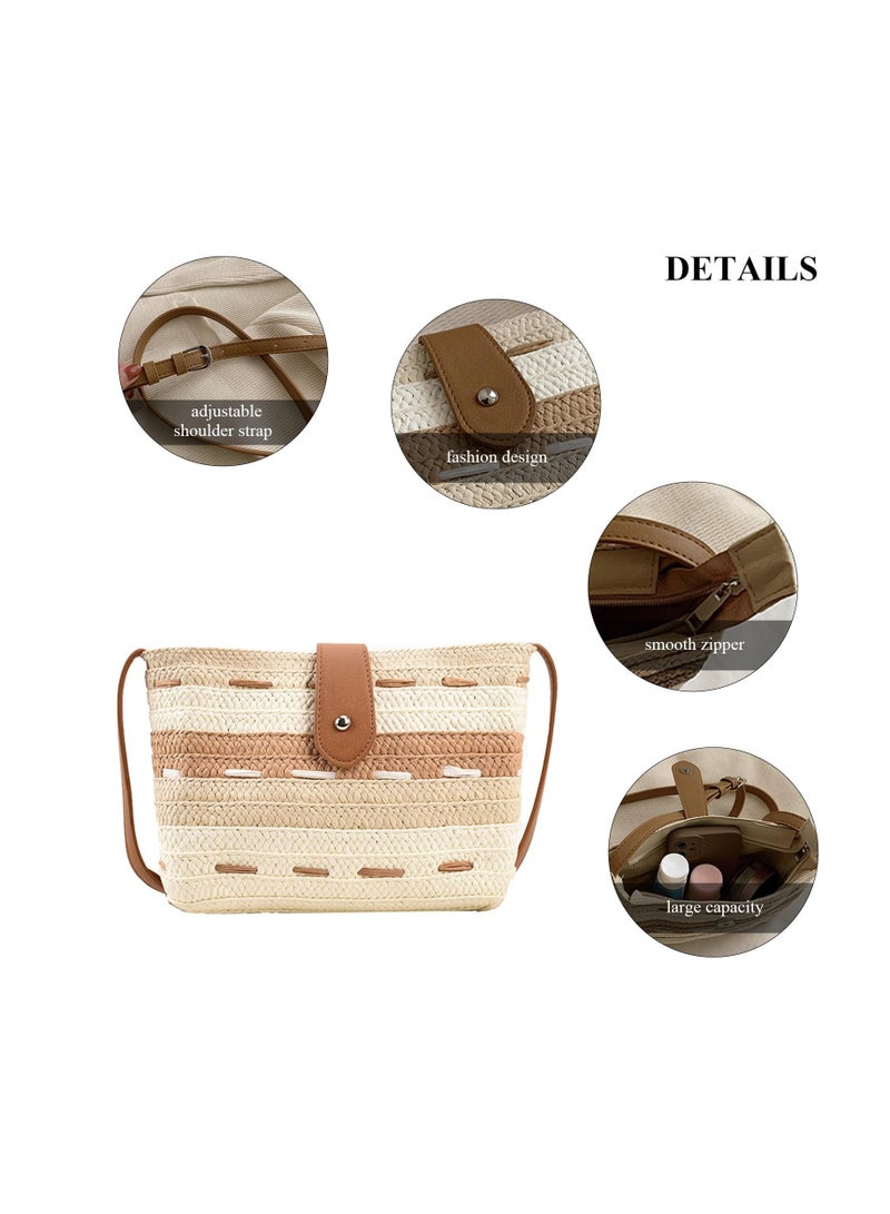 Excefore Straw Crossbody Bags for Women, Summer Straw Purse and Handbags, Hand-woven PomPom Straw Crossbody Bag Summer Beach Envelope Purse Wallet - Image 4