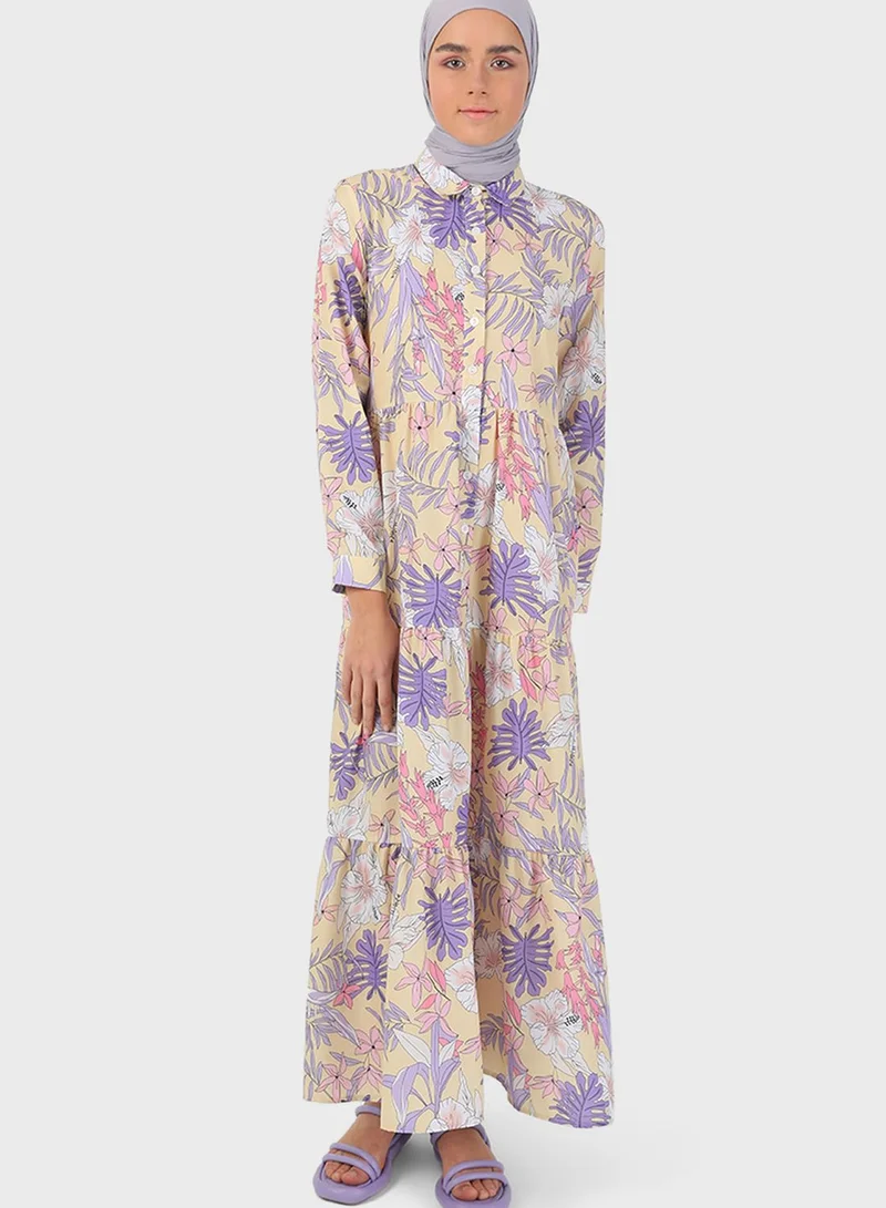 Benin by modanisa Floral Print Button Detail Dress