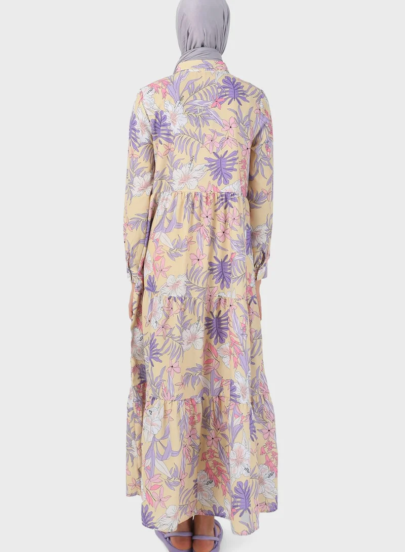 Benin by modanisa Floral Print Button Detail Dress